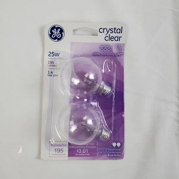GE Crystal Clear 25W Light Bulbs 2-Pack – G16.5 Candelabra Base - Picture 1 of 3